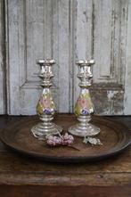 Antieke zilverglas kandelaartjes met roosje., Ophalen of Verzenden