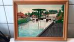 schilderij met brug ergens in NL, Huis en Inrichting, Minder dan 50 cm, Oorspronkelijke maker, Ophalen of Verzenden, Zo goed als nieuw