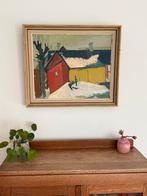 Vintage Zweeds olieverf schilderij (1965) ‘Rode Schuur’, Ophalen of Verzenden
