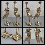 Antiek koper, stel kandelaars, vogel op schildpad, Ophalen of Verzenden, Koper of Brons