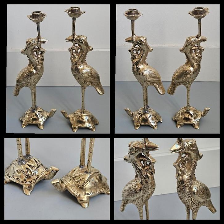 Antiek koper, stel kandelaars, vogel op schildpad, Antiek en Kunst, Antiek | Kandelaars, Koper of Brons, Ophalen of Verzenden