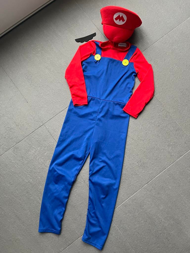 Mario Verkleedpak 128/134, Kinderen en Baby's, Carnavalskleding en Verkleedspullen, Ophalen of Verzenden, Zo goed als nieuw, 122 t/m 128