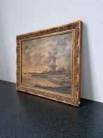 Antiek schilderij met molen en landschap gouden lijst, Antiek en Kunst, Kunst | Schilderijen | Klassiek, Ophalen of Verzenden