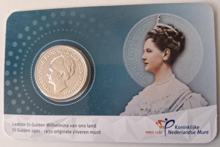 Zilveren ½ Gulden Wilhelmina in coincard 1921, Postzegels en Munten, Munten | Nederland, Losse munt, ½ gulden, Koningin Wilhelmina