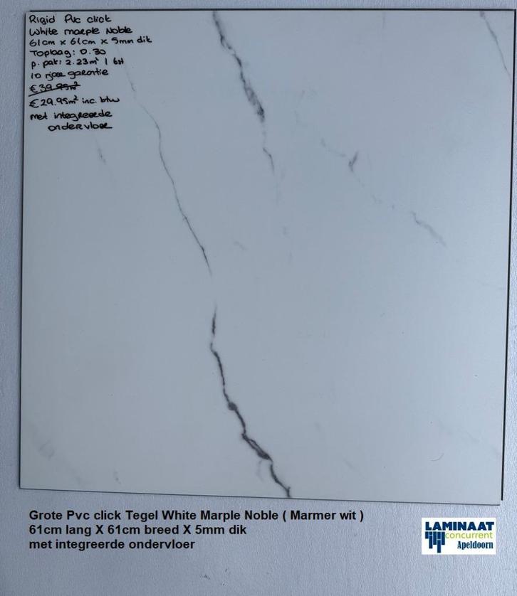 Grote Pvc click Tegel Carrara Marmer 61cm X 61cm €29,95p/m2, Huis en Inrichting, Stoffering | Vloerbedekking, Nieuw, Laminaat