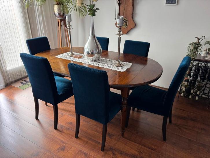6 eetkamerstoelen, goede staat!, Huis en Inrichting, Stoelen, Gebruikt, Vijf, Zes of meer stoelen, Stof, Blauw, Ophalen