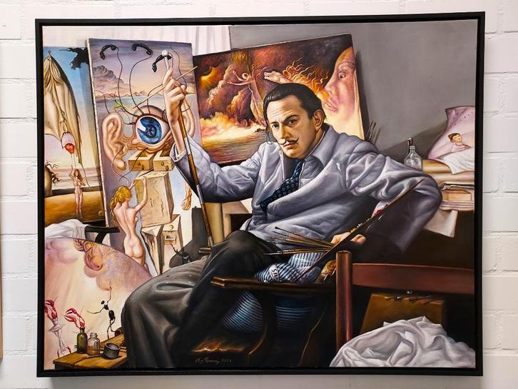 Alfonso Moreno- Salvador Dali in zijn atelier in New York, Antiek en Kunst, Kunst | Schilderijen | Klassiek, Ophalen