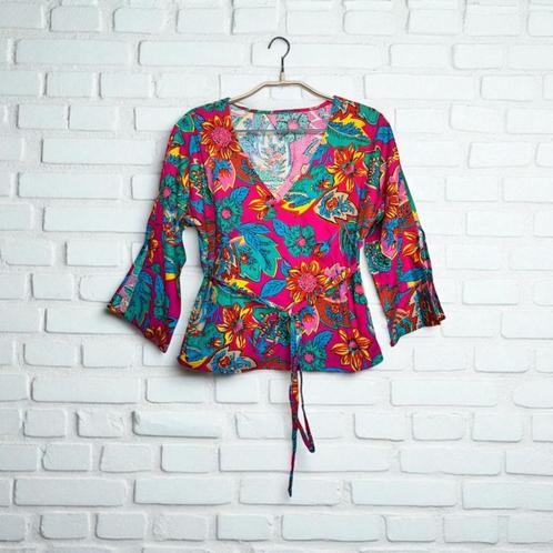 Merkloos Top Maat M Roze Bloemenprint Peplum Boho, Kleding | Dames, Tops, Zo goed als nieuw, Maat 38/40 (M), Roze, Lange mouw
