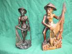 2 antieke Coromandel houten beelden van vissers, Ophalen of Verzenden
