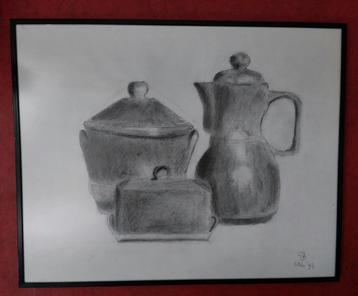 Schilderij stilleven. Inclusief zwarte lijst met spiegelglas beschikbaar voor biedingen
