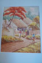 Aquarel: Dorpstafreel Indonesië. Gesigneerd., Ophalen of Verzenden
