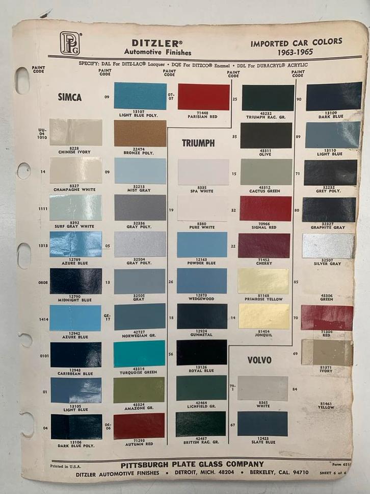 Autolak Kleurenkaart Ditzler 1963-1965 Simca Triumph Volvo, Auto-onderdelen, Carrosserie en Plaatwerk, Gebruikt, Ophalen of Verzenden