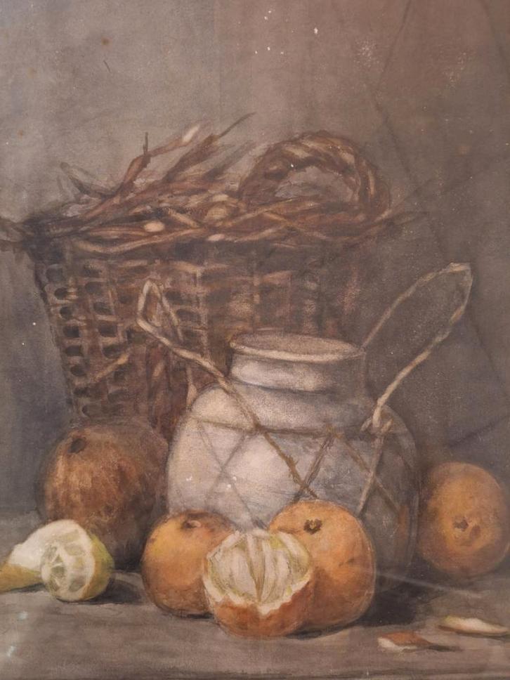 Stilleven met Fruit en Mand - Aquarel v Jan Korthals, Antiek en Kunst, Kunst | Schilderijen | Klassiek, Ophalen of Verzenden