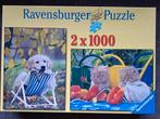 Ravensburger Puzzel 2x1000 - Hond en Kat, Ophalen of Verzenden, Meer dan 1500 stukjes, Zo goed als nieuw, Legpuzzel