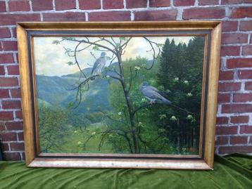 Schilderij, boslandschap met een koppel houtduiven. beschikbaar voor biedingen