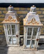 2 houten lantaarns met glas, Ophalen, Gebruikt, 50 tot 75 cm, Crème