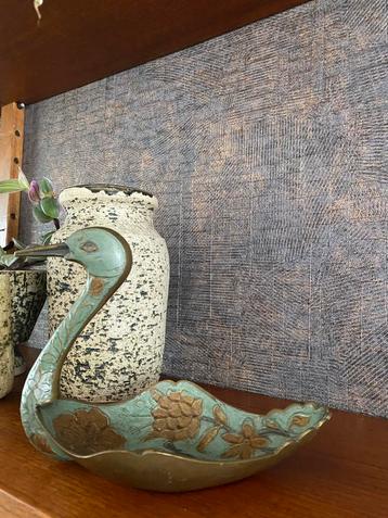 Vintage schaal in vorm koperen eend met emaille ingelegd beschikbaar voor biedingen