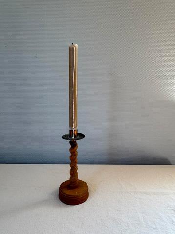 Vintage houten & koperen kandelaar wabisabi stijl h20cm beschikbaar voor biedingen