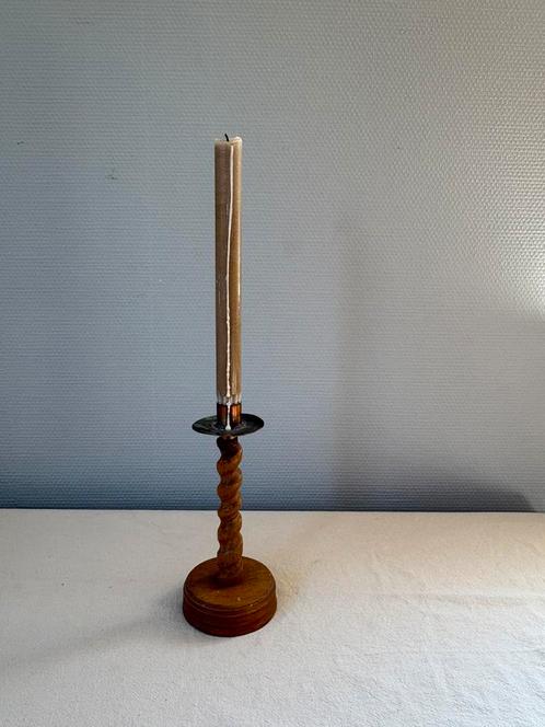 Vintage houten & koperen kandelaar wabisabi stijl h20cm, Huis en Inrichting, Woonaccessoires | Kandelaars en Kaarsen, Zo goed als nieuw