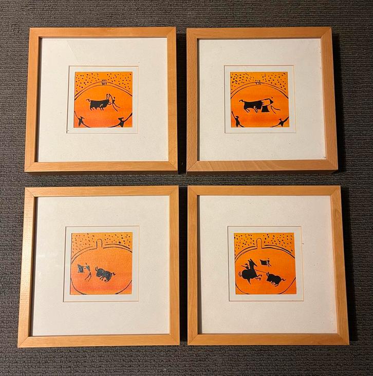 4 Schilderijtjes Stierengevecht 25x25cm, Antiek en Kunst, Kunst | Tekeningen en Foto's, Ophalen of Verzenden