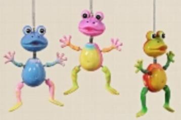 Vrolijke, decoratieve Kikker aan veer, blauw, rose, groen beschikbaar voor biedingen