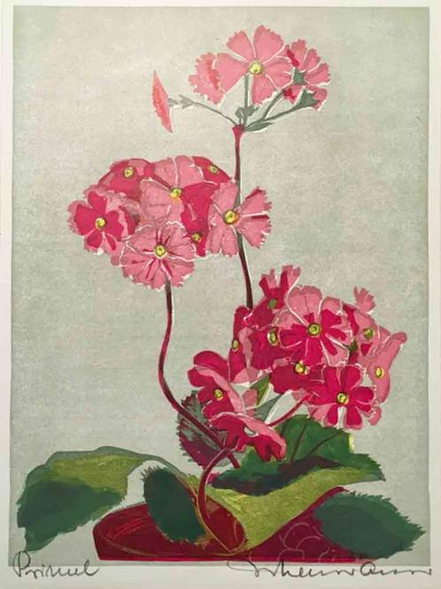 Thea Gutmann (Germany XX-XX) Kleurenhoutsnede 'Primula' ~192, Antiek en Kunst, Kunst | Etsen en Gravures, Verzenden