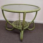 Vintage Rotan bijzettafel met gewolkt glas, Huis en Inrichting, Tafels | Bijzettafels, Ophalen, Rond, 55 tot 75 cm, 45 tot 60 cm