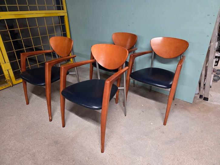 4 Vintage Italiaanse design stoelen kersenhout chrome, Huis en Inrichting, Stoelen, Gebruikt, Bruin, Ophalen