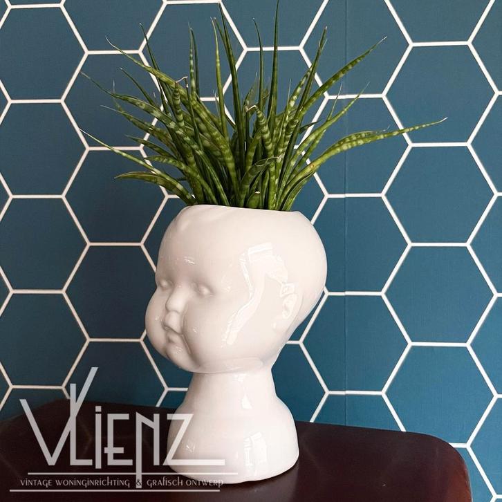 Vintage, retro bloempot hoofd, kinderhoofd wit, midcentury, Verzamelen, Retro, Huis en Inrichting, Ophalen of Verzenden