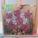 Klein Schilderij met Bladgoud - Bloemen 20x20, Antiek en Kunst, Ophalen of Verzenden