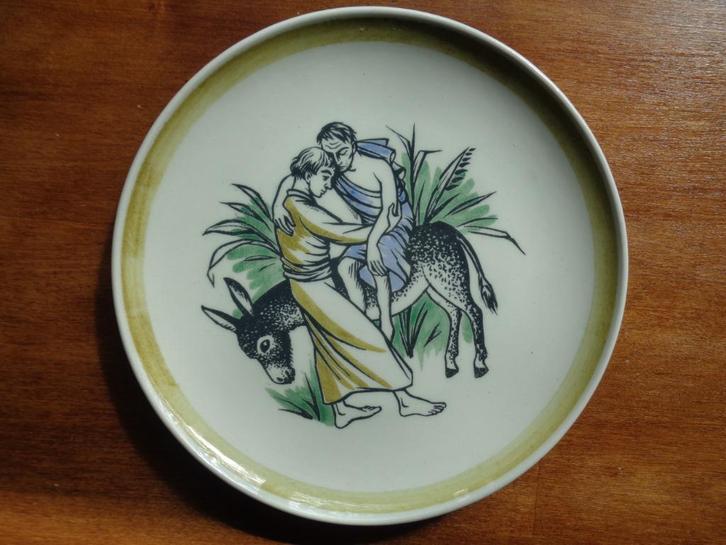 Wandbordje Barmhartige Samaritaan met ezeltje Bijbel verhaal, Antiek en Kunst, Curiosa en Brocante, Ophalen