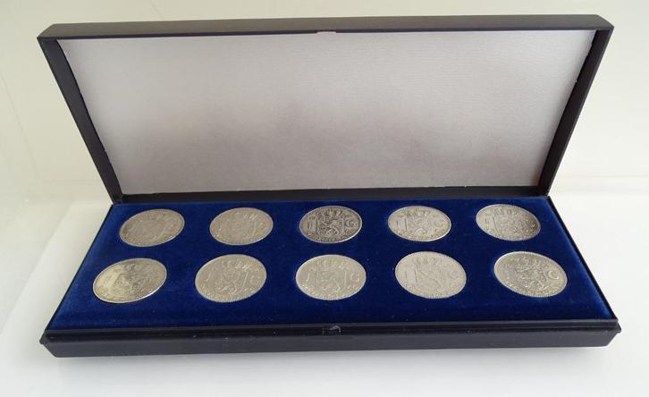 Set 10 zilveren guldens Juliana periode 1954-1967 + cassette, Postzegels en Munten, Munten | Nederland, Setje, 1 gulden, Koningin Juliana