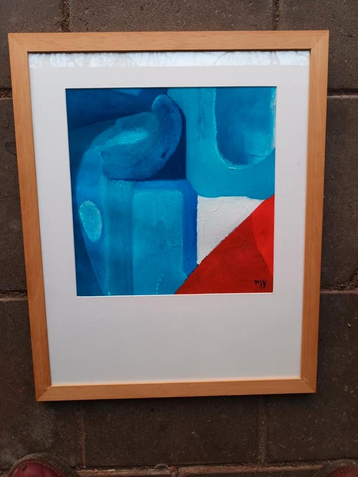 Abstract Schilderij in Blauw, Wit en Rood, Antiek en Kunst, Kunst | Schilderijen | Abstract, Ophalen of Verzenden