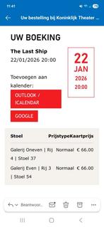 2x 1 entreekaart The Last Ship van Sting Carre, Twee personen, Overige soorten