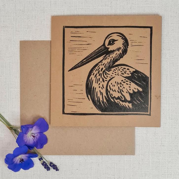 Dubbele kaart met envelop handgemaakt linosnede 15x15 cm, Diversen, Wenskaarten, Nieuw, Ophalen of Verzenden