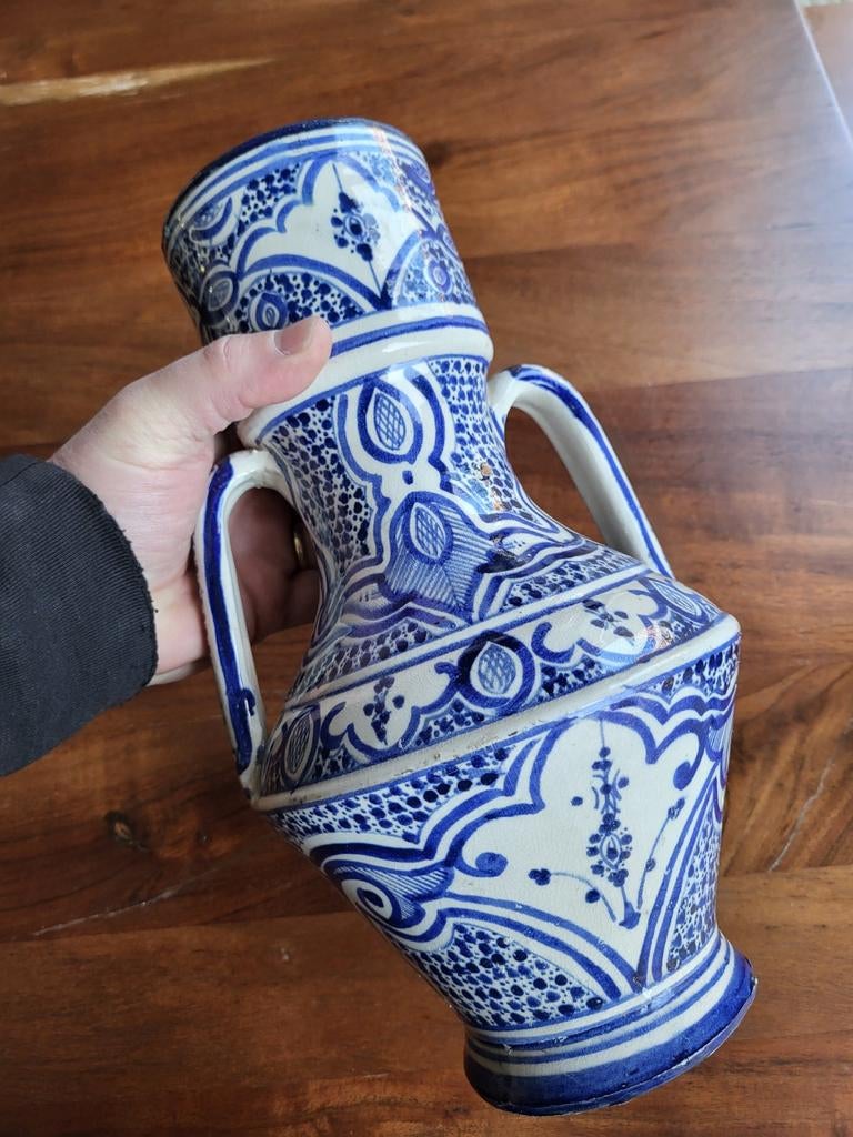Vintage Marokkaanse Vaas - Jaren 60, Handbeschilderd, Blauw, Aardewerk of Porselein, Ophalen of Verzenden, Zo goed als nieuw