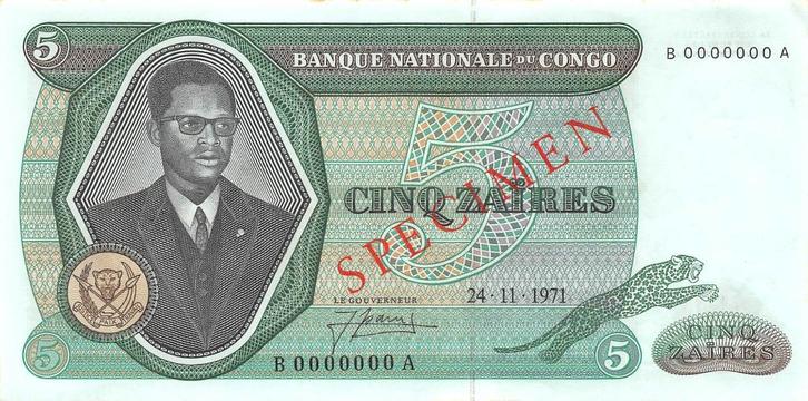 Congo Republic 5 Zaires 1971 Au Specimen pn 14s, Postzegels en Munten, Bankbiljetten | Afrika, Los biljet, Overige landen, Ophalen
