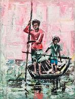 Jongens in een boot (Ibrahim Sesay Jr), Antiek en Kunst, Kunst | Schilderijen | Modern, Ophalen of Verzenden