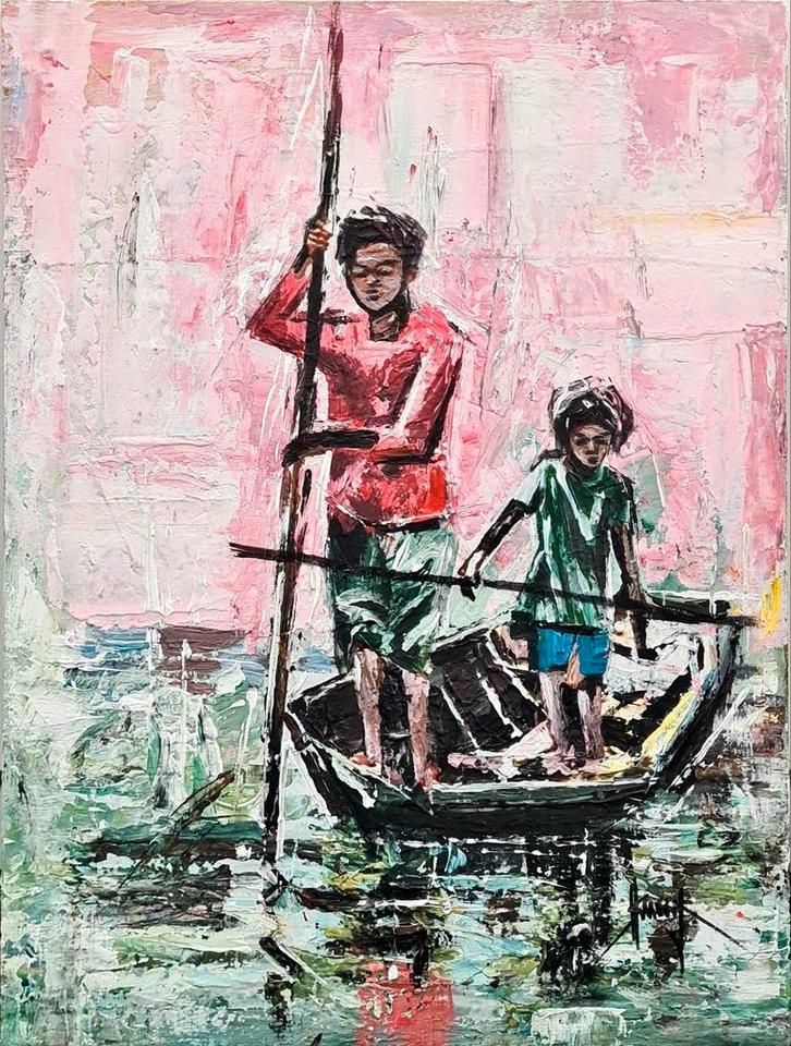 Jongens in een boot (Ibrahim Sesay Jr), Antiek en Kunst, Kunst | Schilderijen | Modern, Ophalen of Verzenden