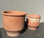 Oud Hollandse terracotta bloempotten set bladmotief, Tuin en Terras, Bloempotten, Gebruikt, Rond, Minder dan 40 cm, Terracotta