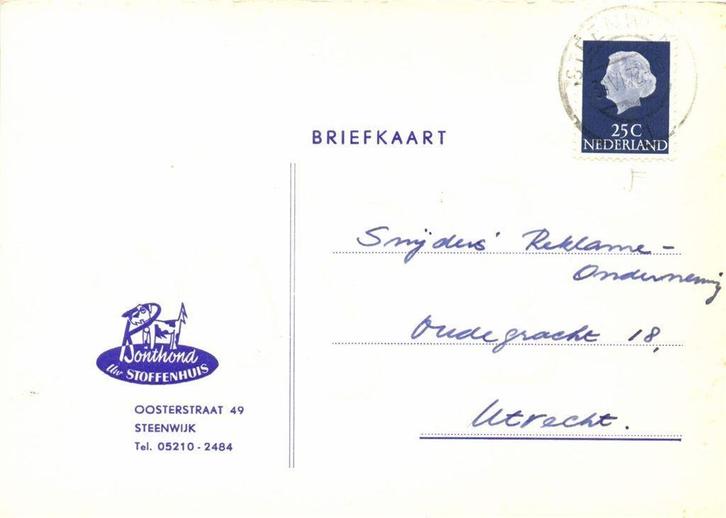 Bonthond, Uw Stoffenhuis, Steenwijk - 06.1972 - briefkaart -, Postzegels en Munten, Brieven en Enveloppen | Nederland, Envelop
