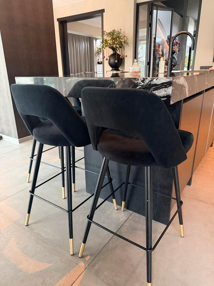 Zwarte Velvet Barkrukken - Set van 6, Huis en Inrichting, Barkrukken, Zo goed als nieuw, 60 tot 90 cm, Metaal, 5 krukken of meer