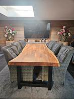 Boomstamtafel tuinset - 6 delig tafelblad behandelen, Tuin en Terras, 6 zitplaatsen, Ophalen of Verzenden, Zo goed als nieuw, Tuinset