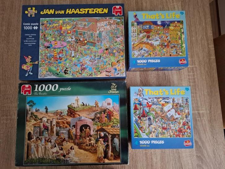 4 legpuzzels, 1 Jan van Haasteren, 2 That's Life, 1 Jumbo, Hobby en Vrije tijd, Denksport en Puzzels, Zo goed als nieuw, Legpuzzel