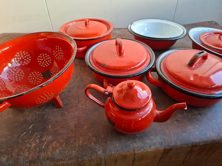 Oude Rode Emaille Keuken Set, Antiek en Kunst, Antiek | Emaille, Ophalen of Verzenden