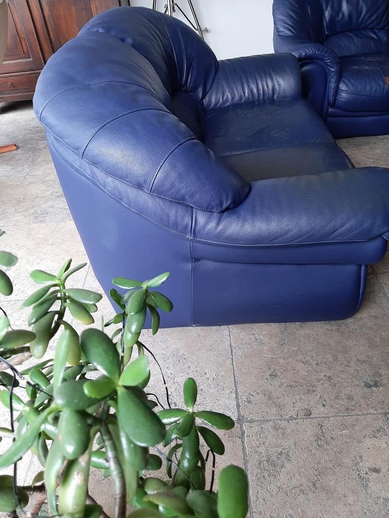 blauw leren 2-zitsbank, Ophalen, Gebruikt, 150 tot 200 cm, Tweepersoons