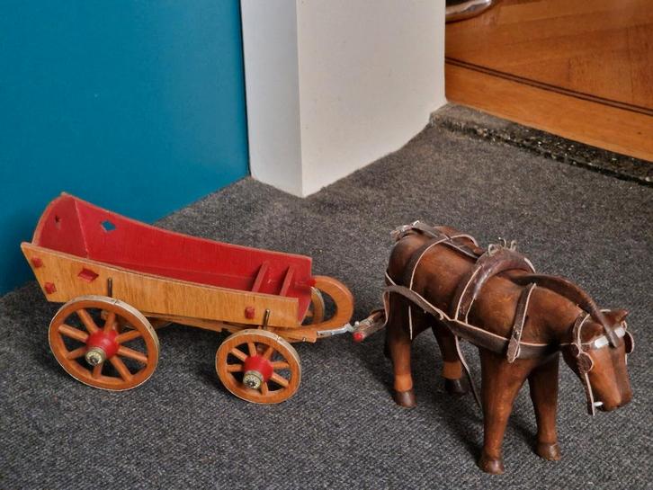 Vintage Speelgoed Houten Paard met Enkelspantuig en Kar, Antiek en Kunst, Antiek | Speelgoed, Ophalen of Verzenden