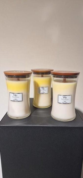 WoodWick Linen Large – 3 stuks (met verkleuring), Huis en Inrichting, Woonaccessoires | Kandelaars en Kaarsen, Nieuw, Kaars, Minder dan 25 cm