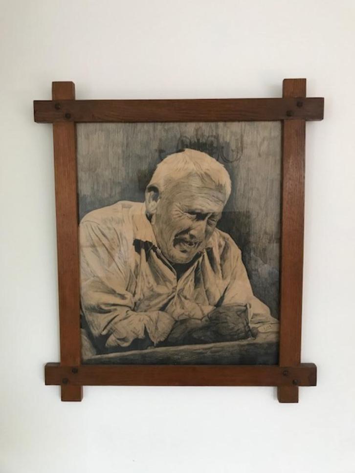 Grote potloodtekening portret oude man zonder tanden. Kock, Antiek en Kunst, Kunst | Tekeningen en Foto's, Ophalen
