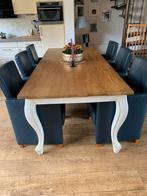 Teakhoutel tafel met 6 verstelbare leren stoelen, Ophalen, Zo goed als nieuw, 4 tot 6 stoelen